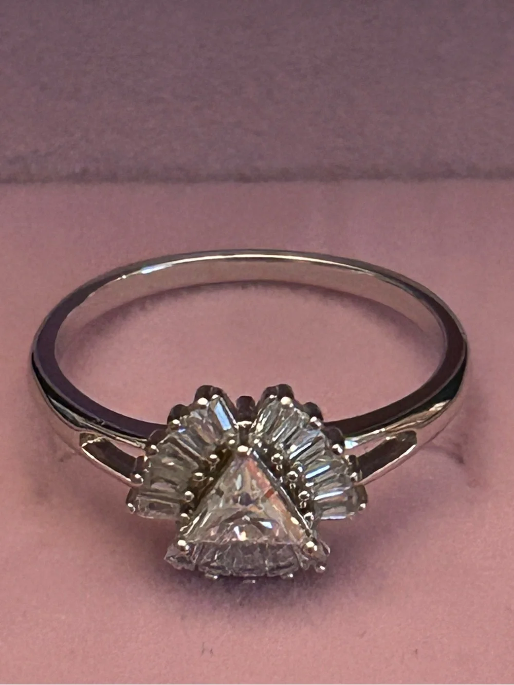 Triangular & Baguette Cut Halo Moissanite Ring in Sterling Silver Size 8.50